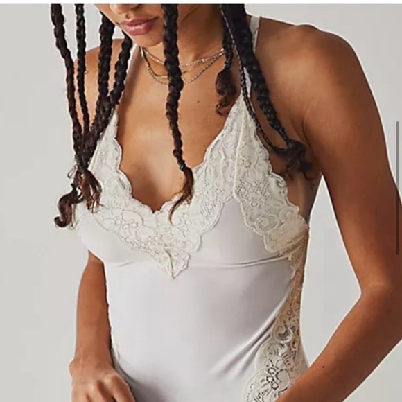 Free People We Are HAH Back Off Deep V Lace Bodysuit Light Pale Blue SZ S - Picture 1 of 12